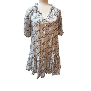 Cleobella Mini Dress Women Small White Blue Floral Print Ruffle Cotton flouncy